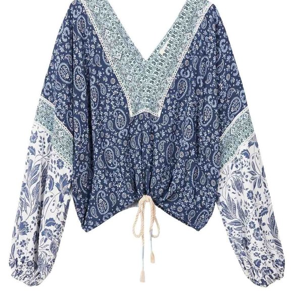 TIGERLILY Cameli Blue Patchwork Paisley Long Sleeve Blouse - Picture 4 of 12